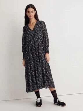 Madewell Georgette V-Neck Tiered Long Sleeve Enchanted Floral Midi Dress Sz XS
